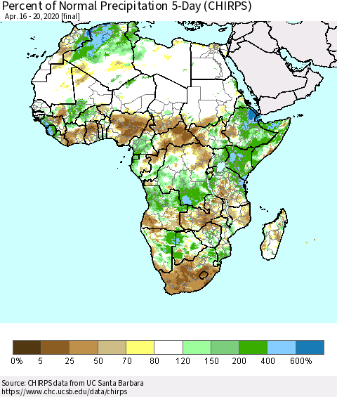 Africa Percent of Normal Precipitation 5-Day (CHIRPS) Thematic Map For 4/16/2020 - 4/20/2020