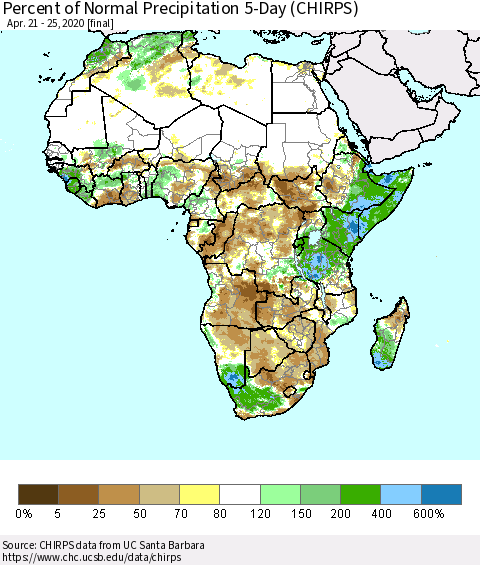 Africa Percent of Normal Precipitation 5-Day (CHIRPS) Thematic Map For 4/21/2020 - 4/25/2020