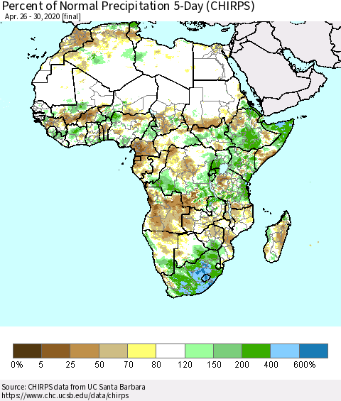 Africa Percent of Normal Precipitation 5-Day (CHIRPS) Thematic Map For 4/26/2020 - 4/30/2020