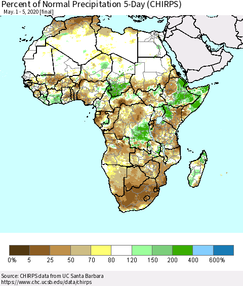 Africa Percent of Normal Precipitation 5-Day (CHIRPS) Thematic Map For 5/1/2020 - 5/5/2020