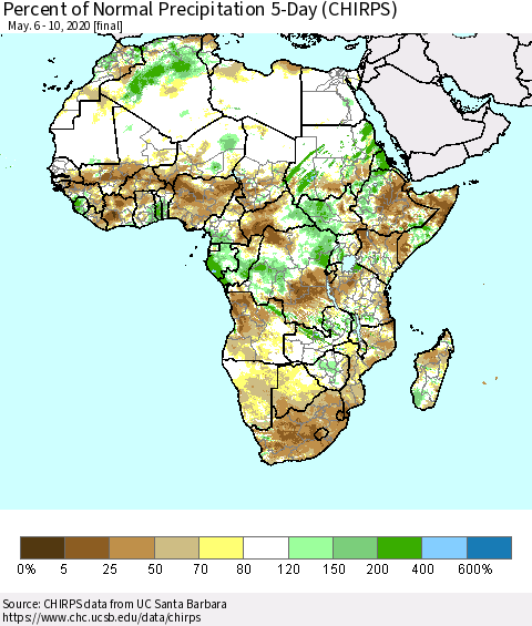 Africa Percent of Normal Precipitation 5-Day (CHIRPS) Thematic Map For 5/6/2020 - 5/10/2020