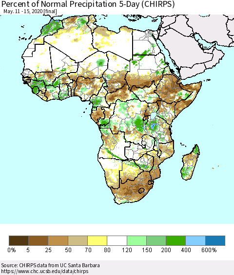 Africa Percent of Normal Precipitation 5-Day (CHIRPS) Thematic Map For 5/11/2020 - 5/15/2020