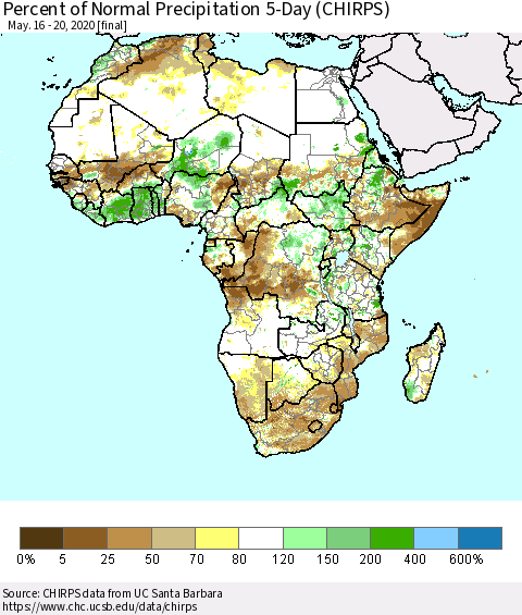 Africa Percent of Normal Precipitation 5-Day (CHIRPS) Thematic Map For 5/16/2020 - 5/20/2020