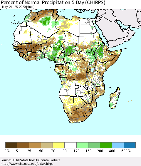 Africa Percent of Normal Precipitation 5-Day (CHIRPS) Thematic Map For 5/21/2020 - 5/25/2020
