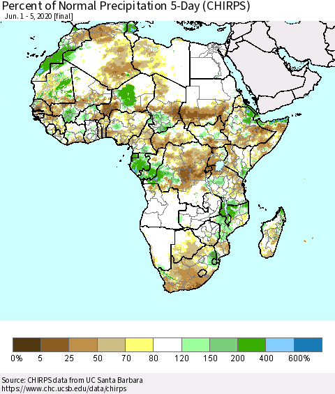 Africa Percent of Normal Precipitation 5-Day (CHIRPS) Thematic Map For 6/1/2020 - 6/5/2020
