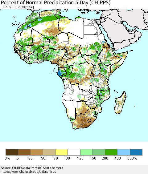 Africa Percent of Normal Precipitation 5-Day (CHIRPS) Thematic Map For 6/6/2020 - 6/10/2020