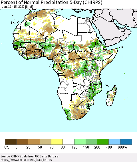 Africa Percent of Normal Precipitation 5-Day (CHIRPS) Thematic Map For 6/11/2020 - 6/15/2020