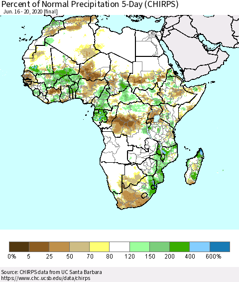 Africa Percent of Normal Precipitation 5-Day (CHIRPS) Thematic Map For 6/16/2020 - 6/20/2020