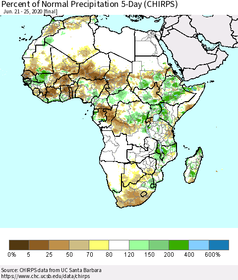 Africa Percent of Normal Precipitation 5-Day (CHIRPS) Thematic Map For 6/21/2020 - 6/25/2020