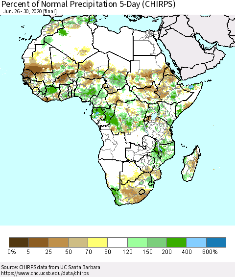 Africa Percent of Normal Precipitation 5-Day (CHIRPS) Thematic Map For 6/26/2020 - 6/30/2020