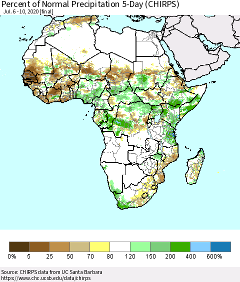 Africa Percent of Normal Precipitation 5-Day (CHIRPS) Thematic Map For 7/6/2020 - 7/10/2020