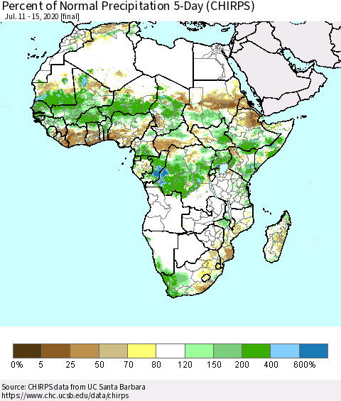 Africa Percent of Normal Precipitation 5-Day (CHIRPS) Thematic Map For 7/11/2020 - 7/15/2020