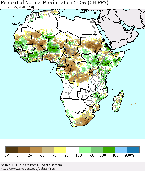 Africa Percent of Normal Precipitation 5-Day (CHIRPS) Thematic Map For 7/21/2020 - 7/25/2020