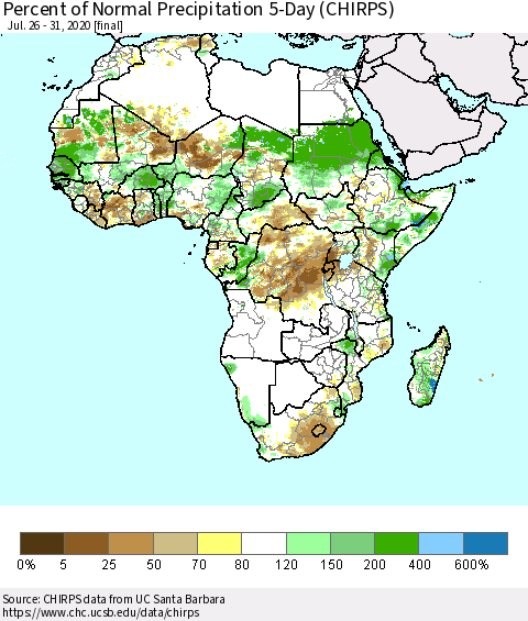 Africa Percent of Normal Precipitation 5-Day (CHIRPS) Thematic Map For 7/26/2020 - 7/31/2020