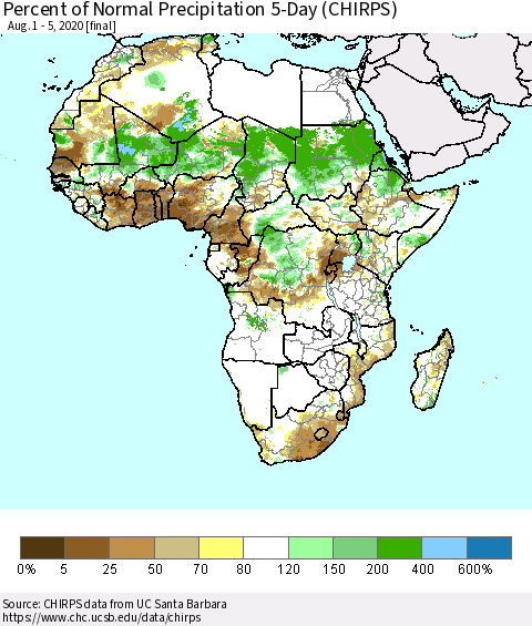 Africa Percent of Normal Precipitation 5-Day (CHIRPS) Thematic Map For 8/1/2020 - 8/5/2020