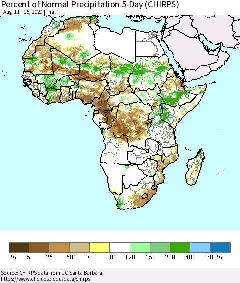Africa Percent of Normal Precipitation 5-Day (CHIRPS) Thematic Map For 8/11/2020 - 8/15/2020