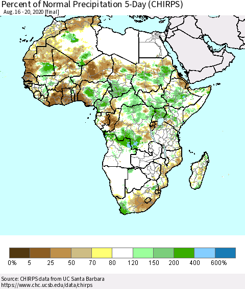 Africa Percent of Normal Precipitation 5-Day (CHIRPS) Thematic Map For 8/16/2020 - 8/20/2020
