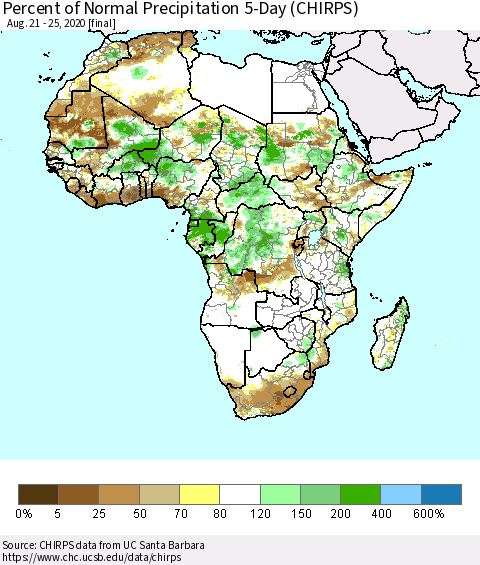 Africa Percent of Normal Precipitation 5-Day (CHIRPS) Thematic Map For 8/21/2020 - 8/25/2020