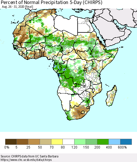 Africa Percent of Normal Precipitation 5-Day (CHIRPS) Thematic Map For 8/26/2020 - 8/31/2020