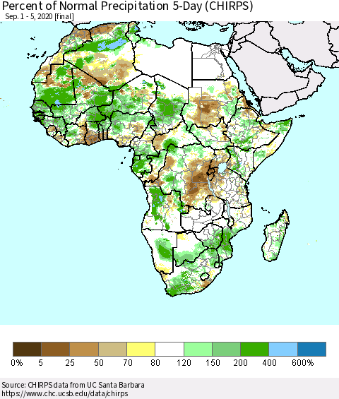 Africa Percent of Normal Precipitation 5-Day (CHIRPS) Thematic Map For 9/1/2020 - 9/5/2020