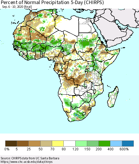 Africa Percent of Normal Precipitation 5-Day (CHIRPS) Thematic Map For 9/6/2020 - 9/10/2020