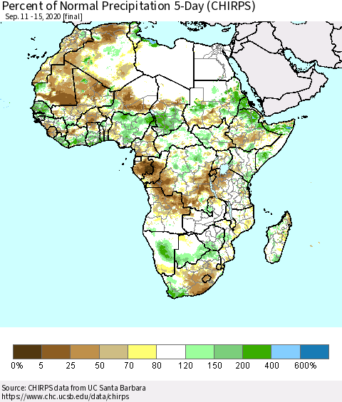 Africa Percent of Normal Precipitation 5-Day (CHIRPS) Thematic Map For 9/11/2020 - 9/15/2020