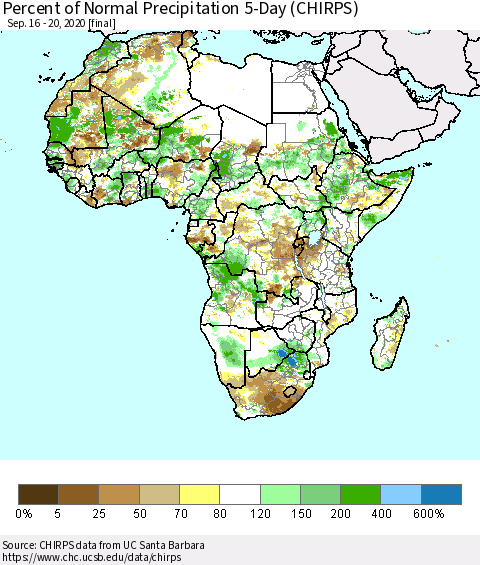 Africa Percent of Normal Precipitation 5-Day (CHIRPS) Thematic Map For 9/16/2020 - 9/20/2020