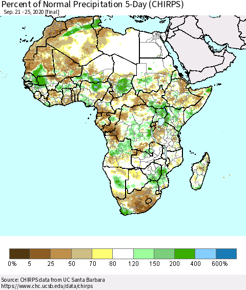 Africa Percent of Normal Precipitation 5-Day (CHIRPS) Thematic Map For 9/21/2020 - 9/25/2020