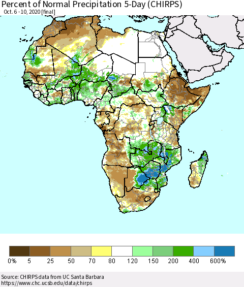 Africa Percent of Normal Precipitation 5-Day (CHIRPS) Thematic Map For 10/6/2020 - 10/10/2020