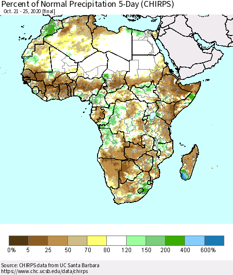 Africa Percent of Normal Precipitation 5-Day (CHIRPS) Thematic Map For 10/21/2020 - 10/25/2020