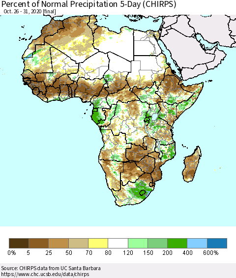Africa Percent of Normal Precipitation 5-Day (CHIRPS) Thematic Map For 10/26/2020 - 10/31/2020