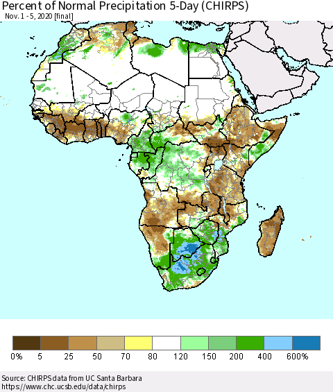 Africa Percent of Normal Precipitation 5-Day (CHIRPS) Thematic Map For 11/1/2020 - 11/5/2020