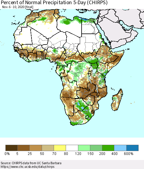 Africa Percent of Normal Precipitation 5-Day (CHIRPS) Thematic Map For 11/6/2020 - 11/10/2020