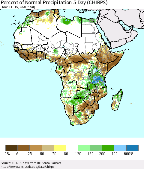 Africa Percent of Normal Precipitation 5-Day (CHIRPS) Thematic Map For 11/11/2020 - 11/15/2020