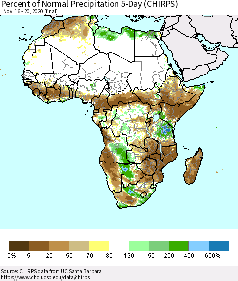 Africa Percent of Normal Precipitation 5-Day (CHIRPS) Thematic Map For 11/16/2020 - 11/20/2020