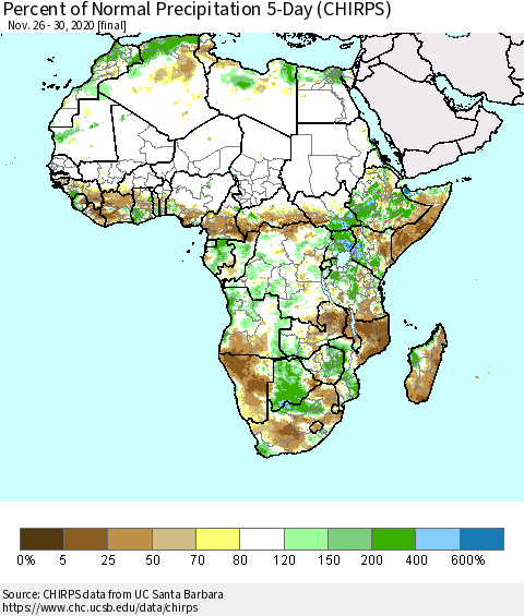 Africa Percent of Normal Precipitation 5-Day (CHIRPS) Thematic Map For 11/26/2020 - 11/30/2020