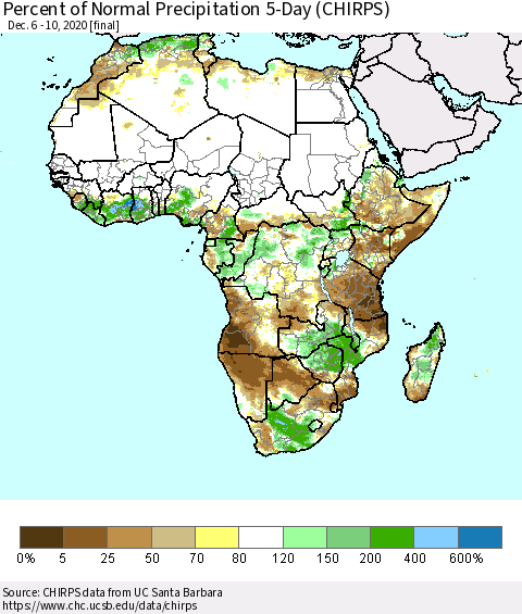 Africa Percent of Normal Precipitation 5-Day (CHIRPS) Thematic Map For 12/6/2020 - 12/10/2020