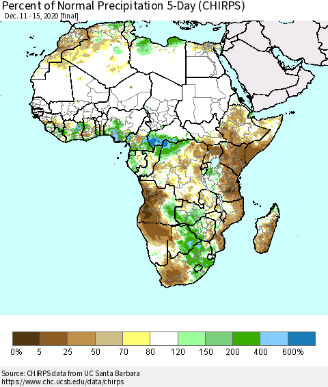 Africa Percent of Normal Precipitation 5-Day (CHIRPS) Thematic Map For 12/11/2020 - 12/15/2020