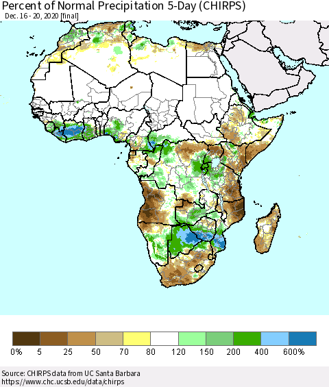 Africa Percent of Normal Precipitation 5-Day (CHIRPS) Thematic Map For 12/16/2020 - 12/20/2020