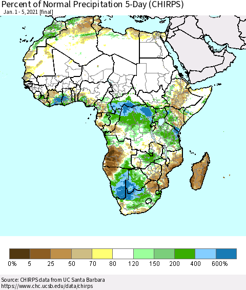 Africa Percent of Normal Precipitation 5-Day (CHIRPS) Thematic Map For 1/1/2021 - 1/5/2021