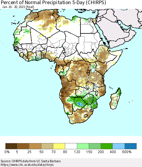 Africa Percent of Normal Precipitation 5-Day (CHIRPS) Thematic Map For 1/16/2021 - 1/20/2021