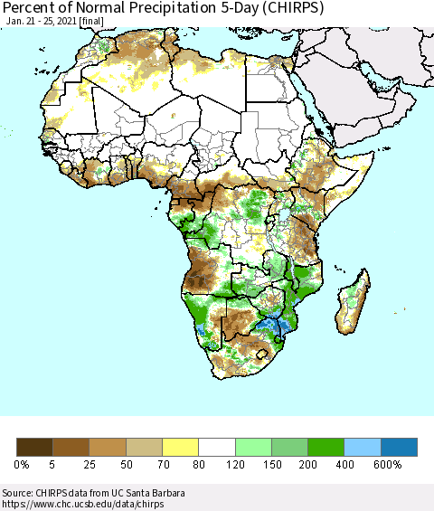 Africa Percent of Normal Precipitation 5-Day (CHIRPS) Thematic Map For 1/21/2021 - 1/25/2021