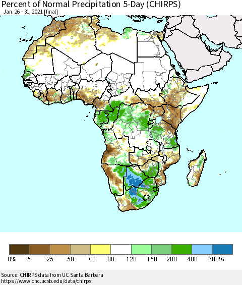 Africa Percent of Normal Precipitation 5-Day (CHIRPS) Thematic Map For 1/26/2021 - 1/31/2021