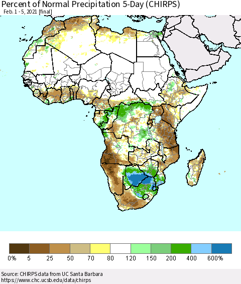 Africa Percent of Normal Precipitation 5-Day (CHIRPS) Thematic Map For 2/1/2021 - 2/5/2021