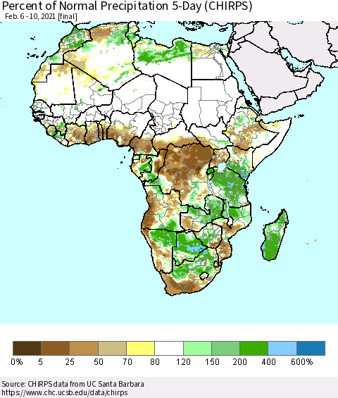 Africa Percent of Normal Precipitation 5-Day (CHIRPS) Thematic Map For 2/6/2021 - 2/10/2021