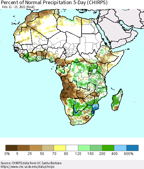 Africa Percent of Normal Precipitation 5-Day (CHIRPS) Thematic Map For 2/11/2021 - 2/15/2021