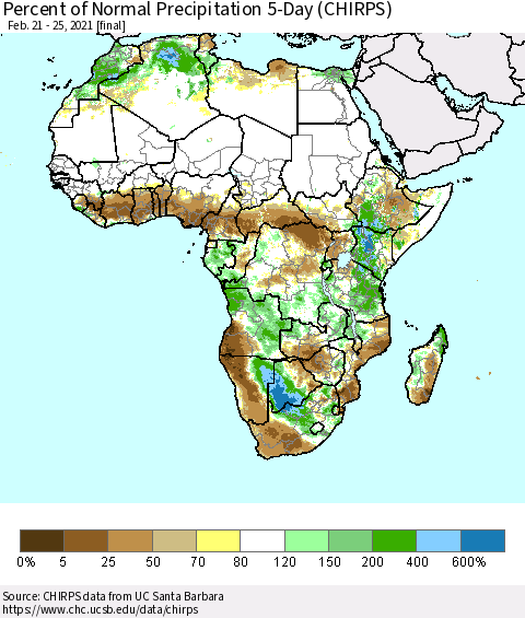 Africa Percent of Normal Precipitation 5-Day (CHIRPS) Thematic Map For 2/21/2021 - 2/25/2021