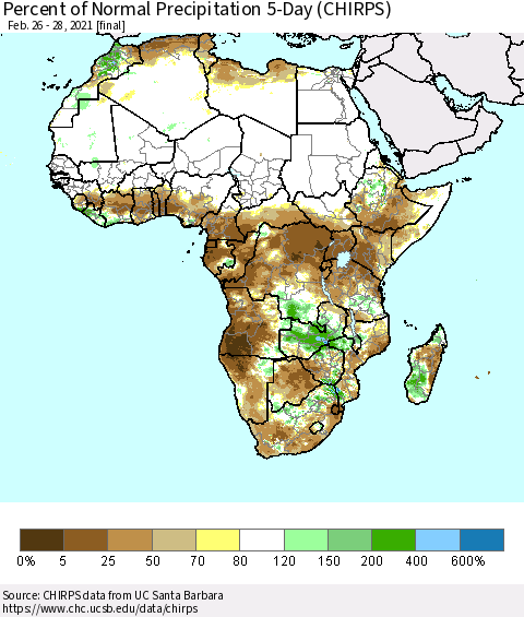 Africa Percent of Normal Precipitation 5-Day (CHIRPS) Thematic Map For 2/26/2021 - 2/28/2021