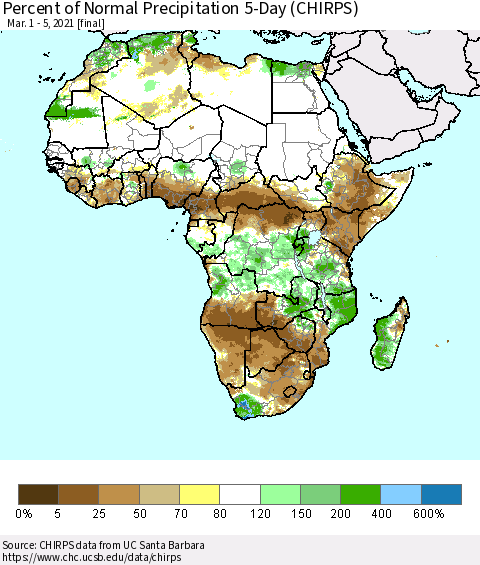 Africa Percent of Normal Precipitation 5-Day (CHIRPS) Thematic Map For 3/1/2021 - 3/5/2021