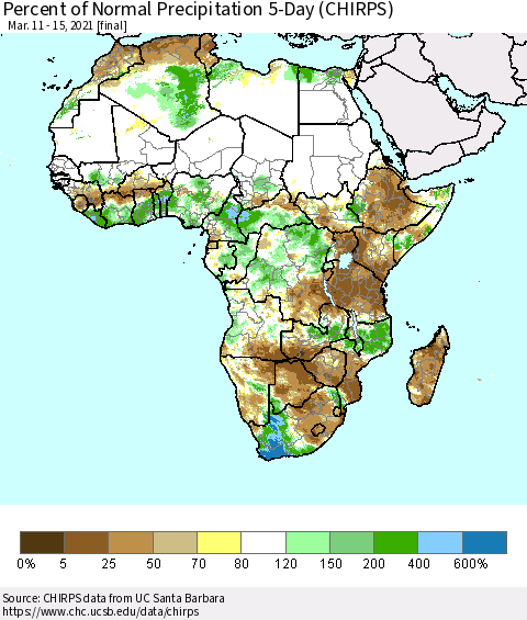 Africa Percent of Normal Precipitation 5-Day (CHIRPS) Thematic Map For 3/11/2021 - 3/15/2021